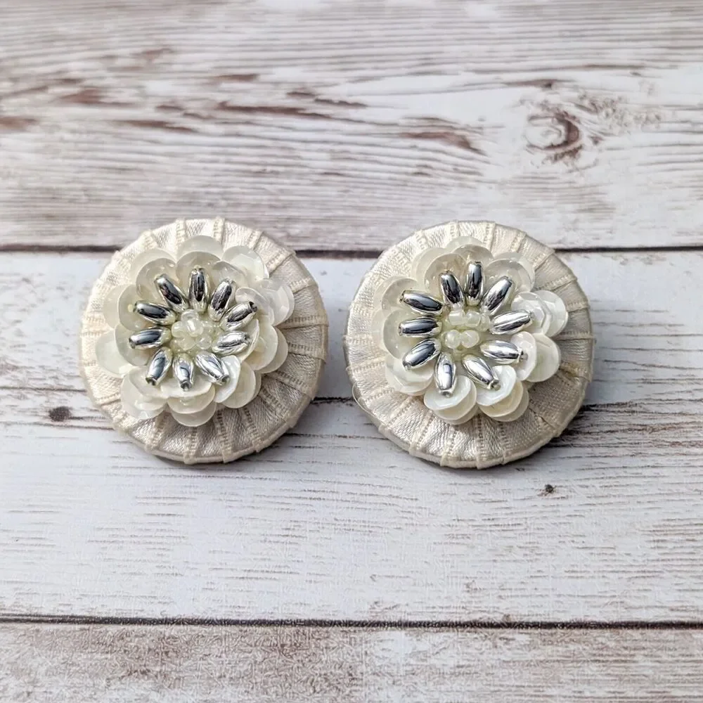 Vintage Clip On Earrings - Unusual Cream 3D Statement Earrings 1.5
